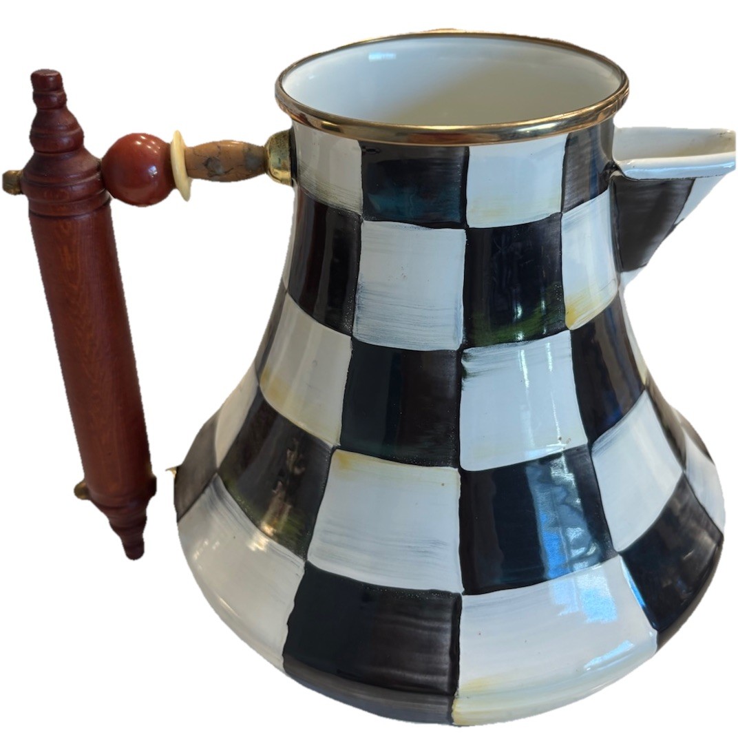 MacKenzie-Childs COURTLY CHECK Enamel 64 Oz Jug & Lid w/ Red Finial Coffee Pot A