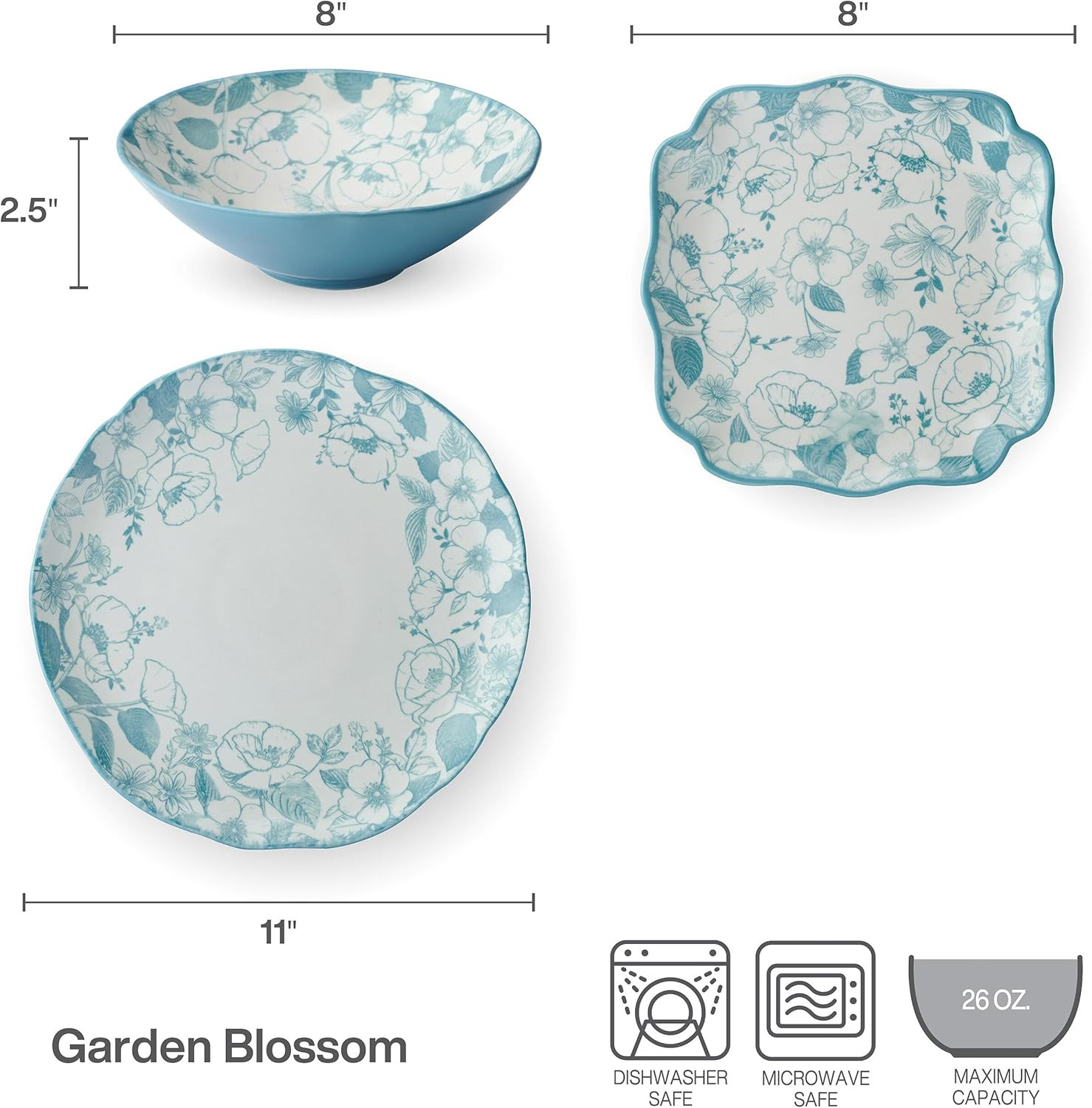 Garden Blossom Floral 12 Piece Plate Bowl Dinnerware Set, Blue