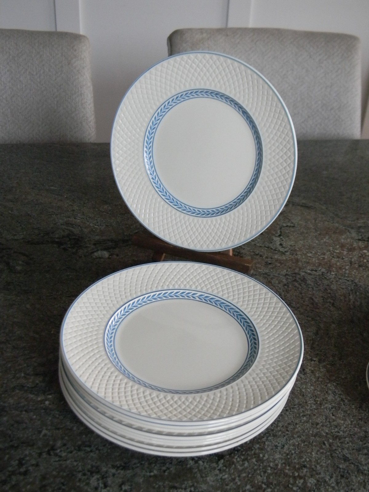 Spode Mansard Elaine White and Blue Bone China Embossed 10.5″ Dinner Plates