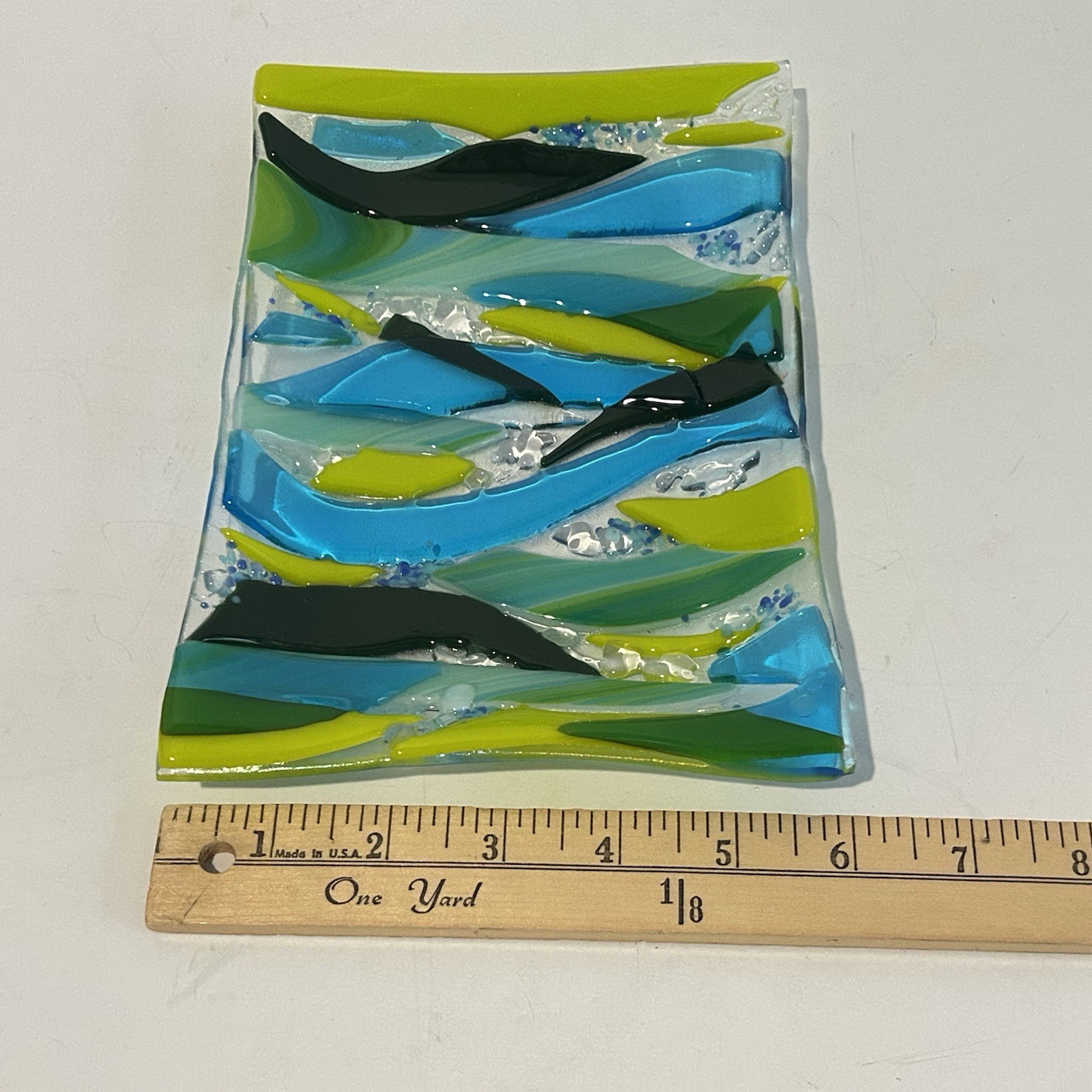 Blue Green Yellow Fused Art Glass Trinket Tray Dish Plate Waves Home Decor