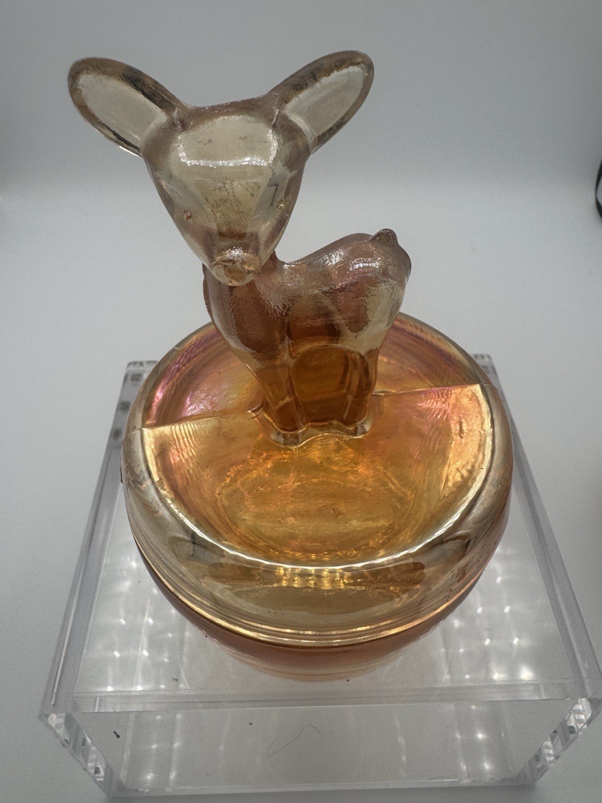 Vtg Jeannette Marigold Carnival Glass Powder Jar Set – Poodle/Deer/Terrier Lids