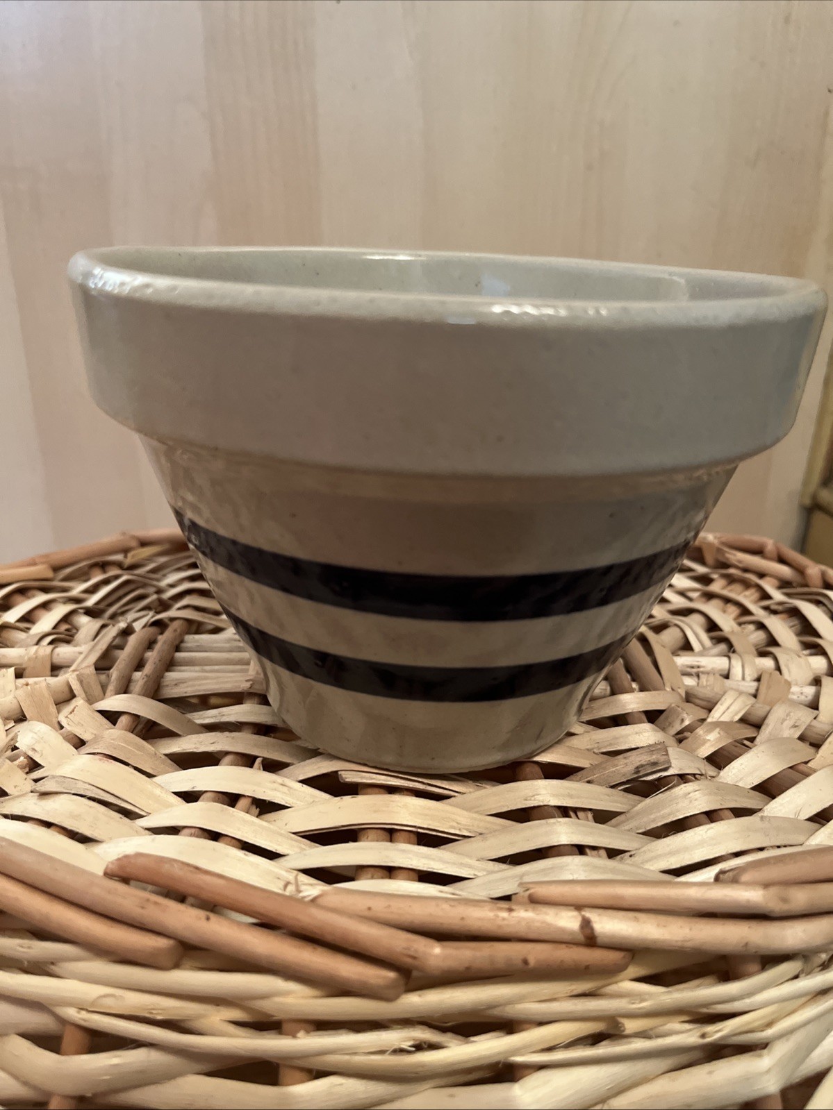Vintage RRP Co Mixing 6” BOWL Roseville Ohio USA Blue Stripe Stoneware Pottery