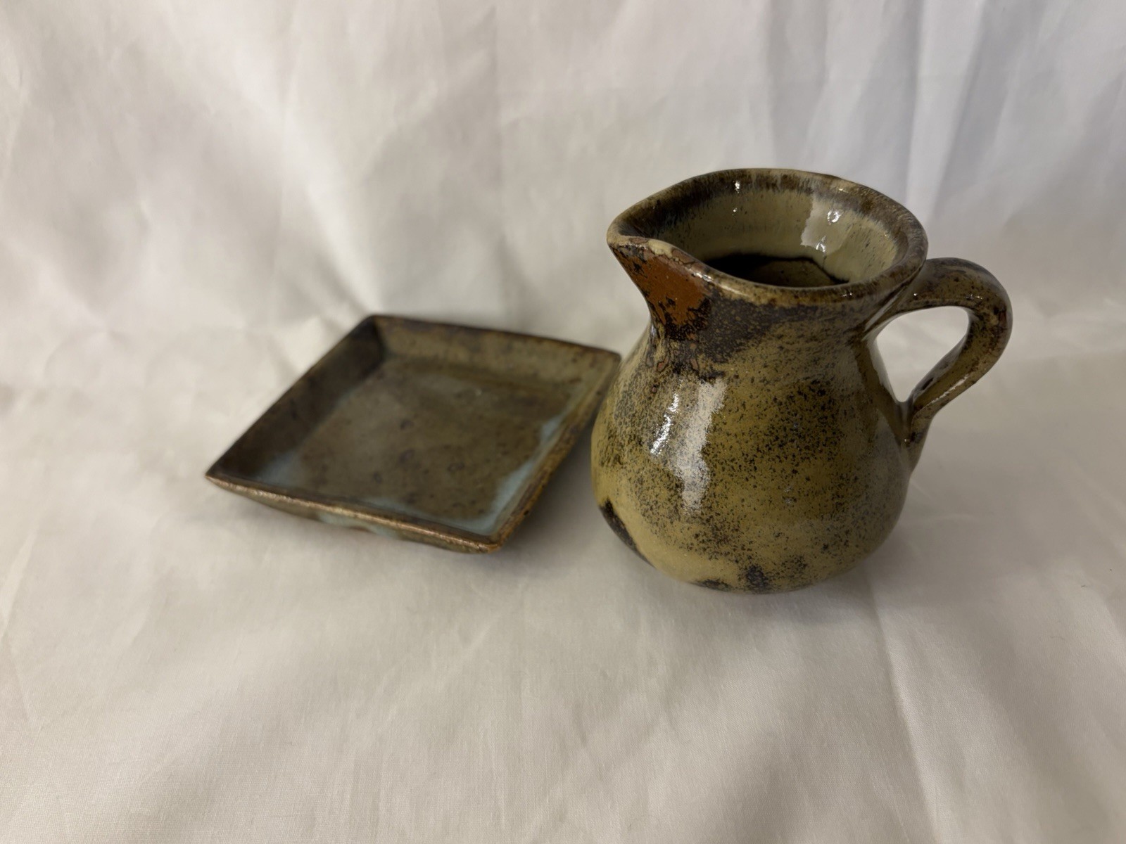Small Vintage Pottery Creamer Pitcher & Saucer Green & Brown Set