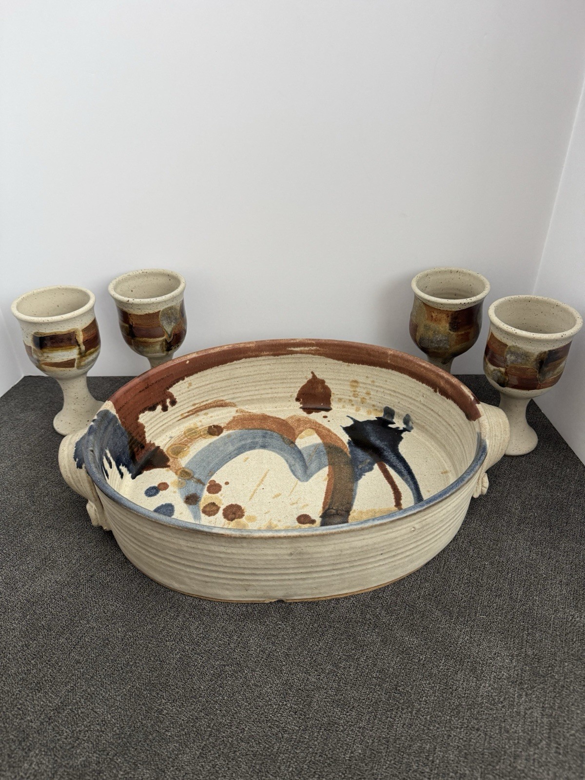 Welsch 1984 Ceramic Pottery Serving Bowl w/ Handles + 4 Goblets