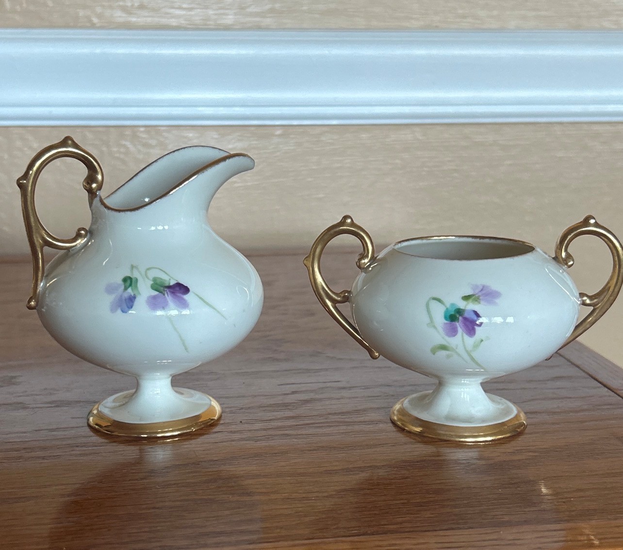 Antique Willets Belleek Floral Hand Painted Creamer & Sugar Bowl Set