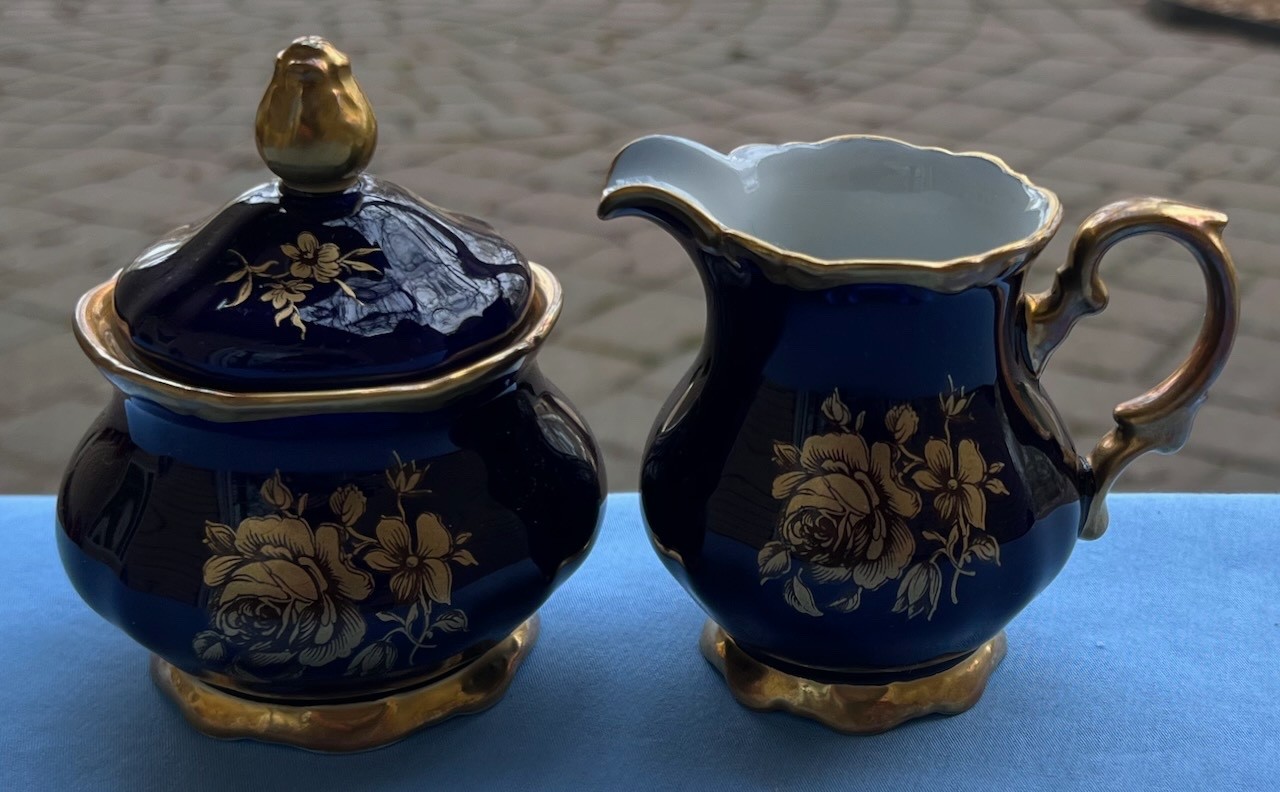 Mitterteich Bavaria Echt Cobalt Gold Roses Creamer & Covered Sugar Bowl