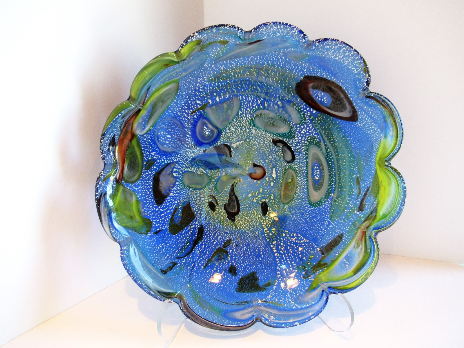 Multicolor Fused Art Glass Bowl Scalloped Edge Abstract Amoeba Design Blue Green