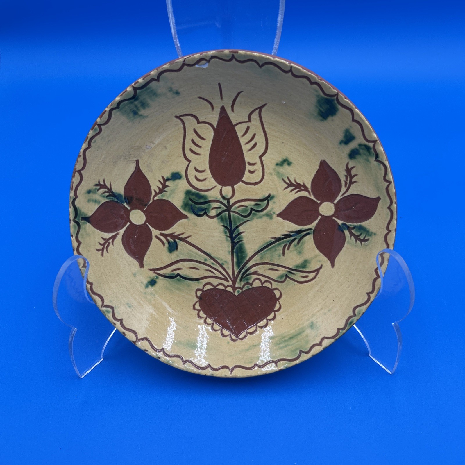 Vtg Lester Breininger TULIP FLOWER 5″ 5/8 Plate Redware Damp Pottery 1988