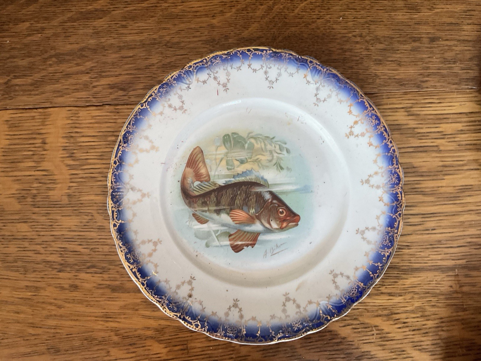 Antique Fish Serving Set, 7 Pc. Gold Rim Flow Blue Feathered Edge