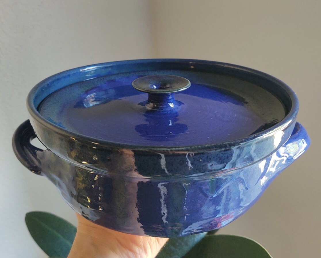 Vintage Studio Pottery Ceramic Handmade Blue Green Drip Glaze Lidded Dish Signed