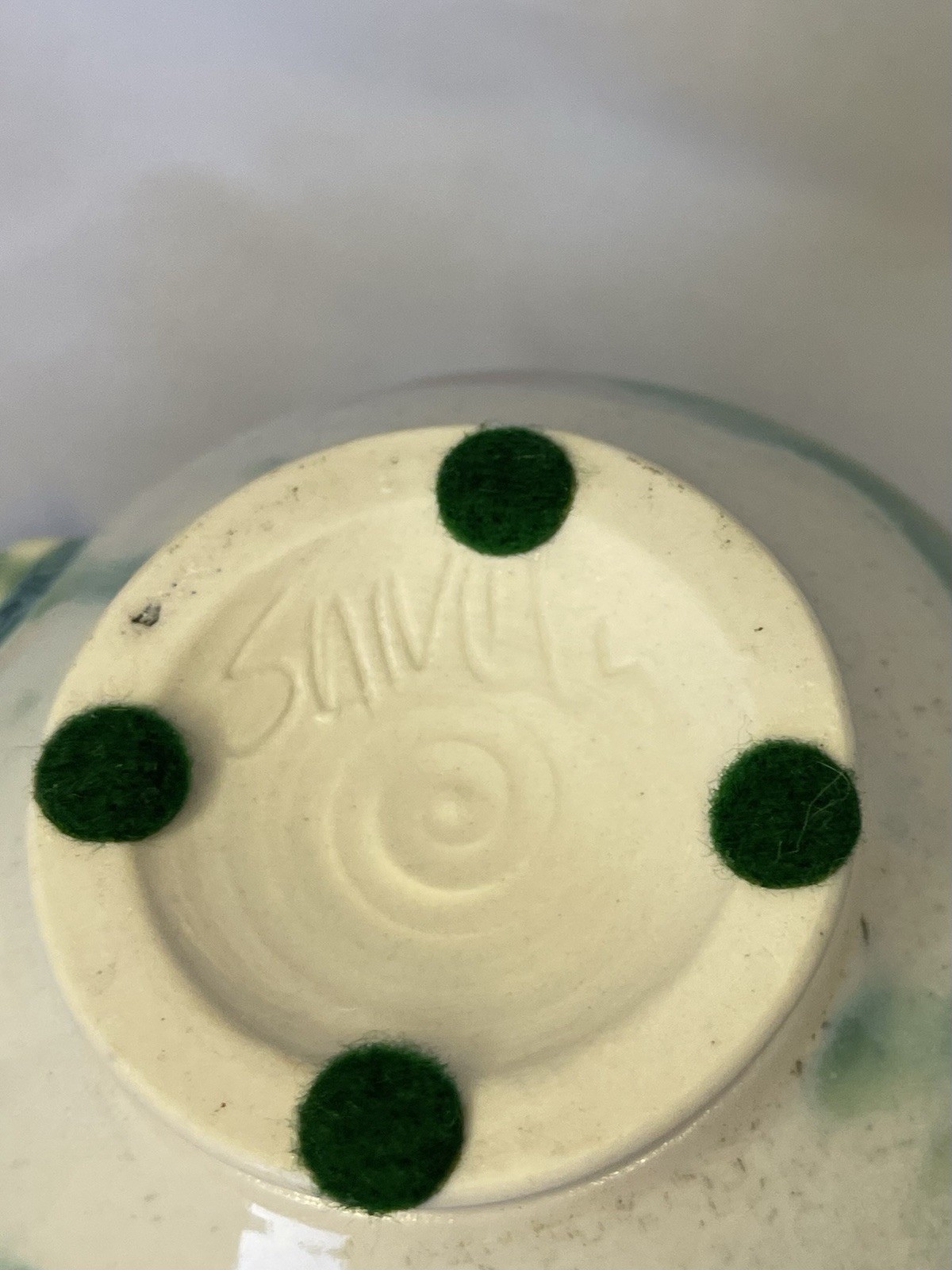 Handmade Studio Art Pottery Mug Leaf Imprint Green Drip Glaze signed by artist