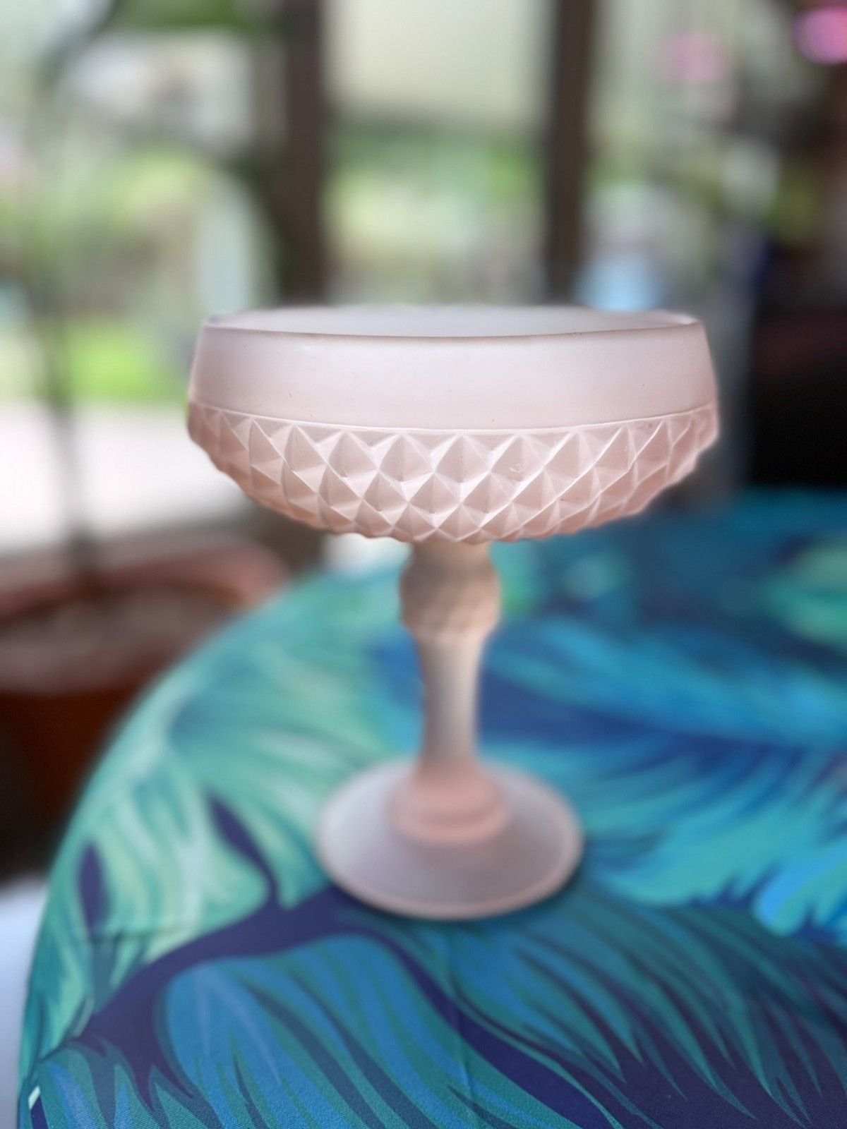 One 1970s Indiana Glass Pink Satin Diamond Point Pedestal Compote 7.75in
