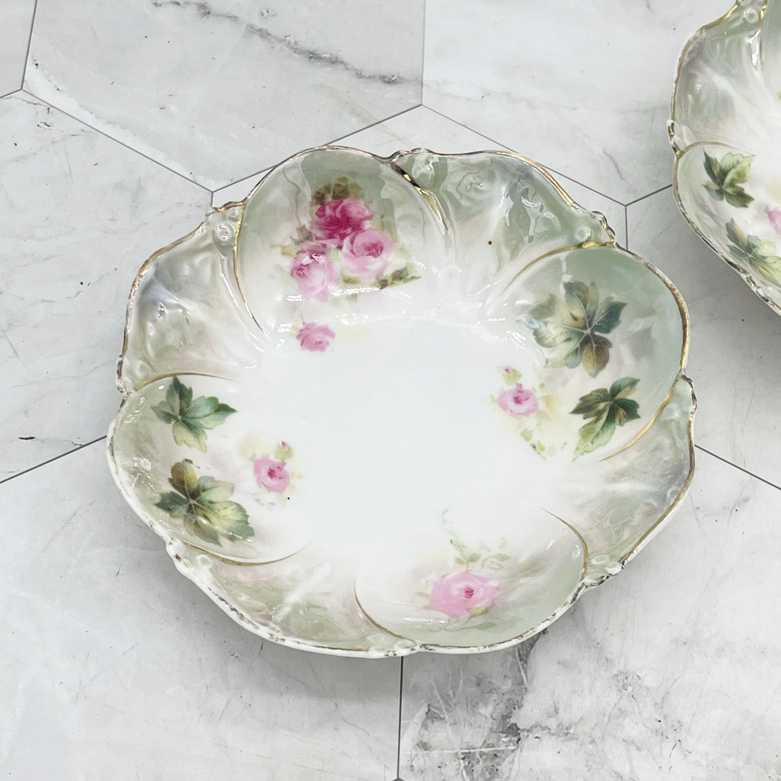 Lot of 6 Antique Signed R S Prussia Floral Berry Bowls Green Gold Rim Roses 5″