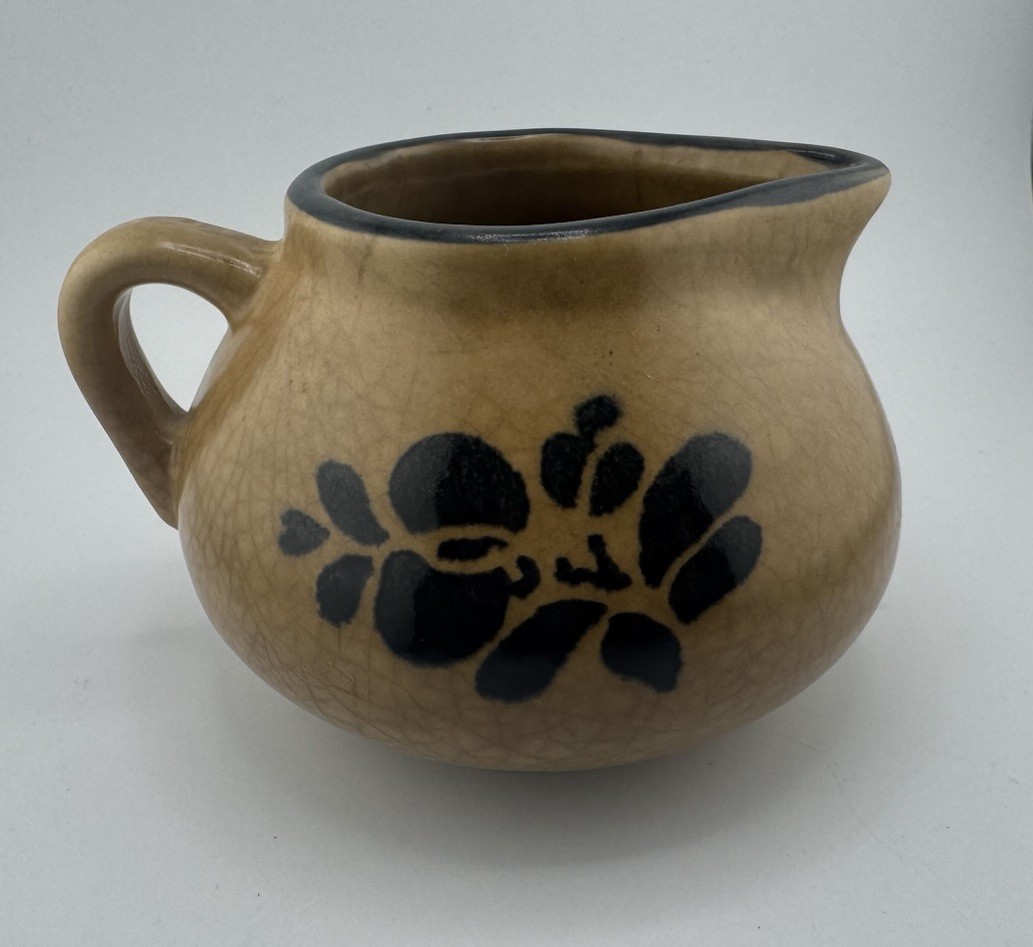 Vintage Pottery Cream Pitcher Brown Black Floral Stoneware Creamer 4” Tall