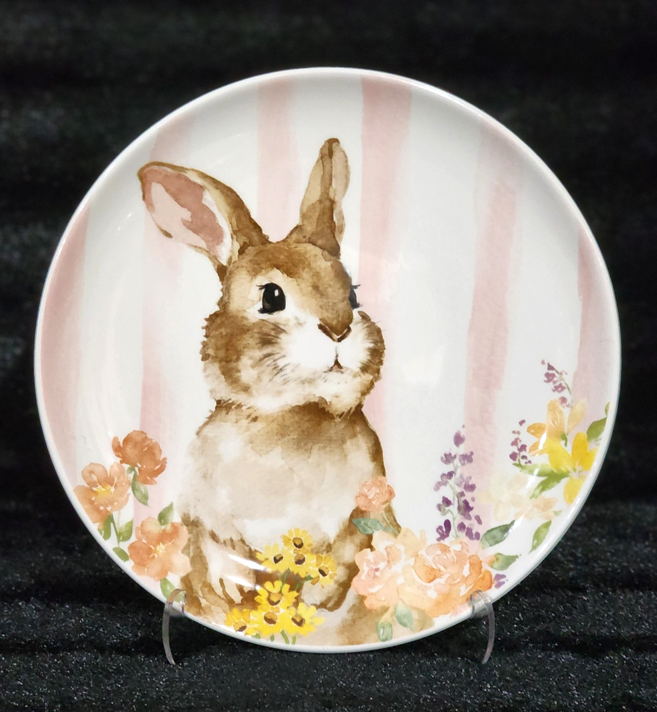4 Pink White Floral Bunny Striped Tidbit Plates 4.4″ Ceramic Easter Watercolor