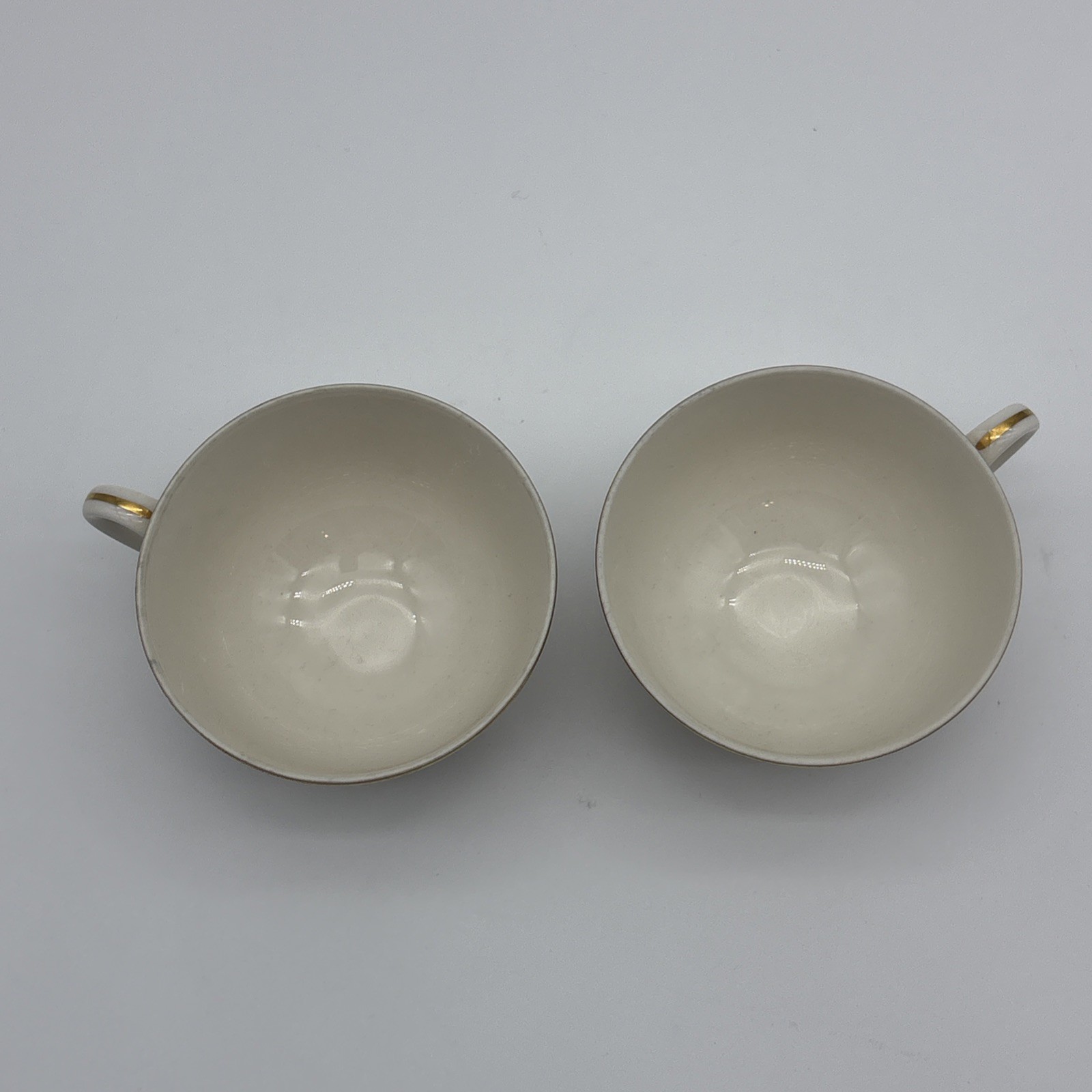 2 Franciscan Talisman Porcelain Tea Cups 2 1/8″H Made in Japan Cream w/Gold Trim