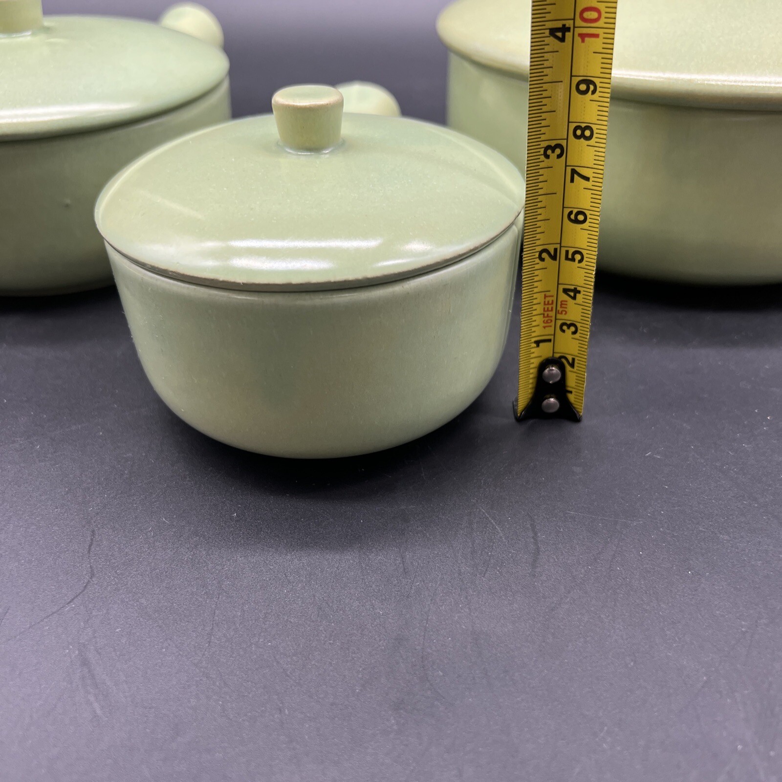 Vtg MCM La Solana Pottery Mint Green Set Of 3 Round Casserole Bowls Pots Lids