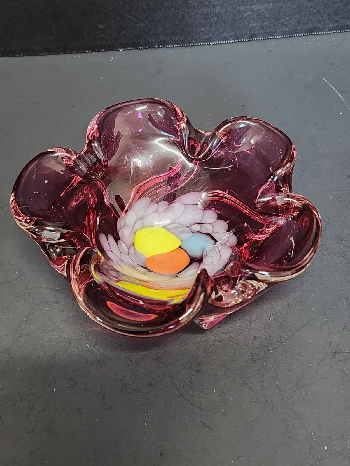 Bohemian Glass Bowl Pinched Side Purple Orange Swirled Bottom