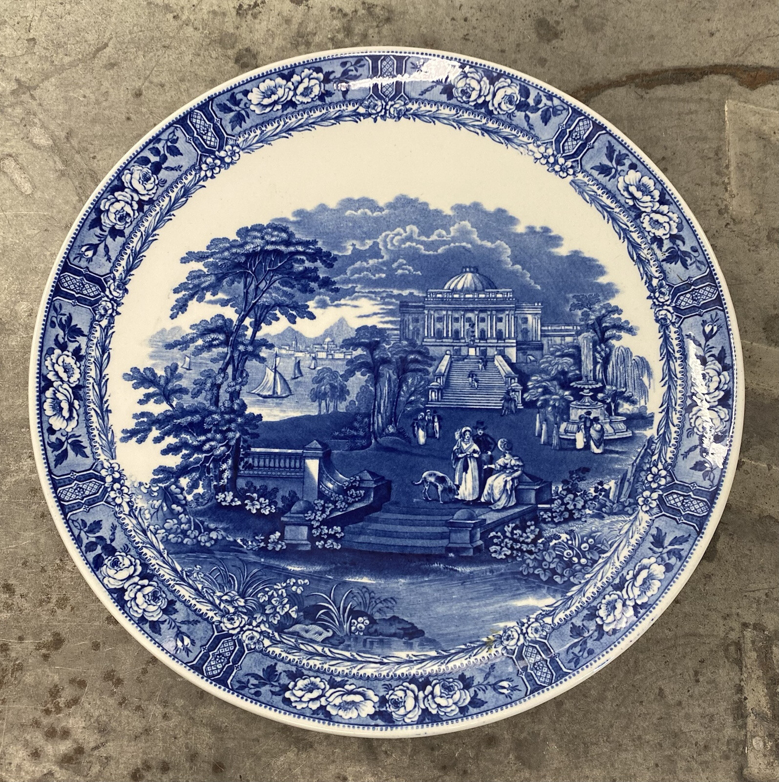 Cauldon England 15” charger 1905 blue bygone era classical building garden river