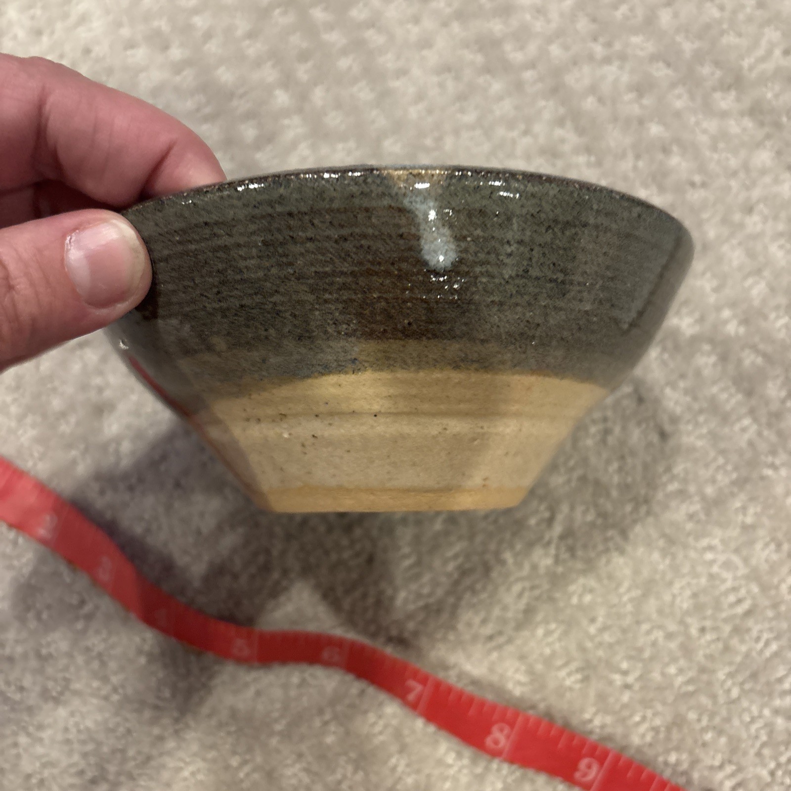 Signed Studio Art Pottery Bowl Trinket Dish Gray Tan White and Blue Handmade