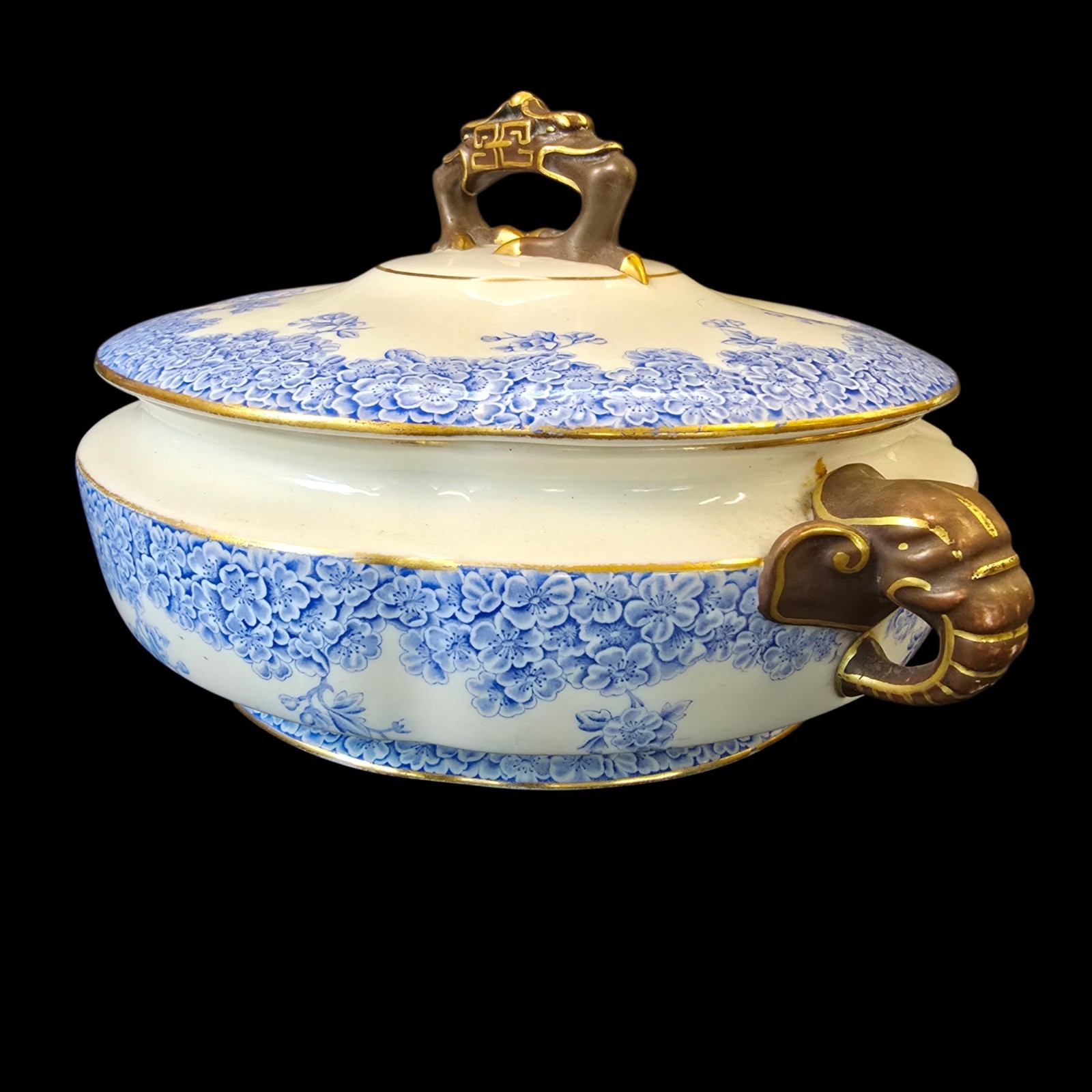 Early Royal Worcester Covered dish Oriental Style Elephand Head Handles Ovington