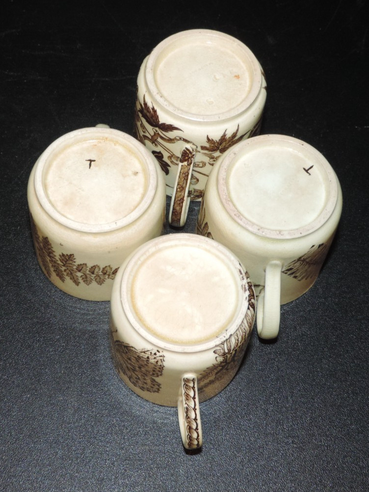 ANTIQUE WEDGWOOD BROWN TRANSFER AESTHETIC BOTANICAL DEMITASSE CUPS & SAUCERS