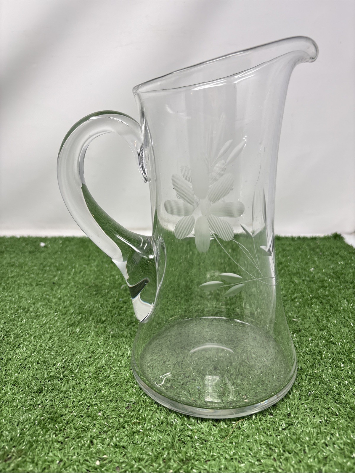 Vintage Crystal Glass Pitcher With Etched Flowers 9in Tall Thick Handle
