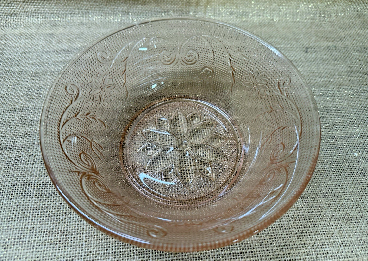 Vintage KIG Malaysia Pink Glass Dinnerware Set 34 Pc Fleur De Lis Trellis EUC