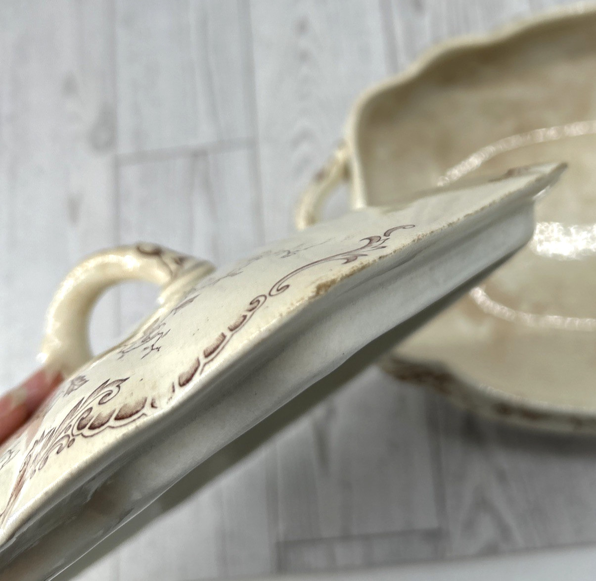 Antique 1800’s Brown Transferware Lidded Vegetable Dish Harvard H&CoC England