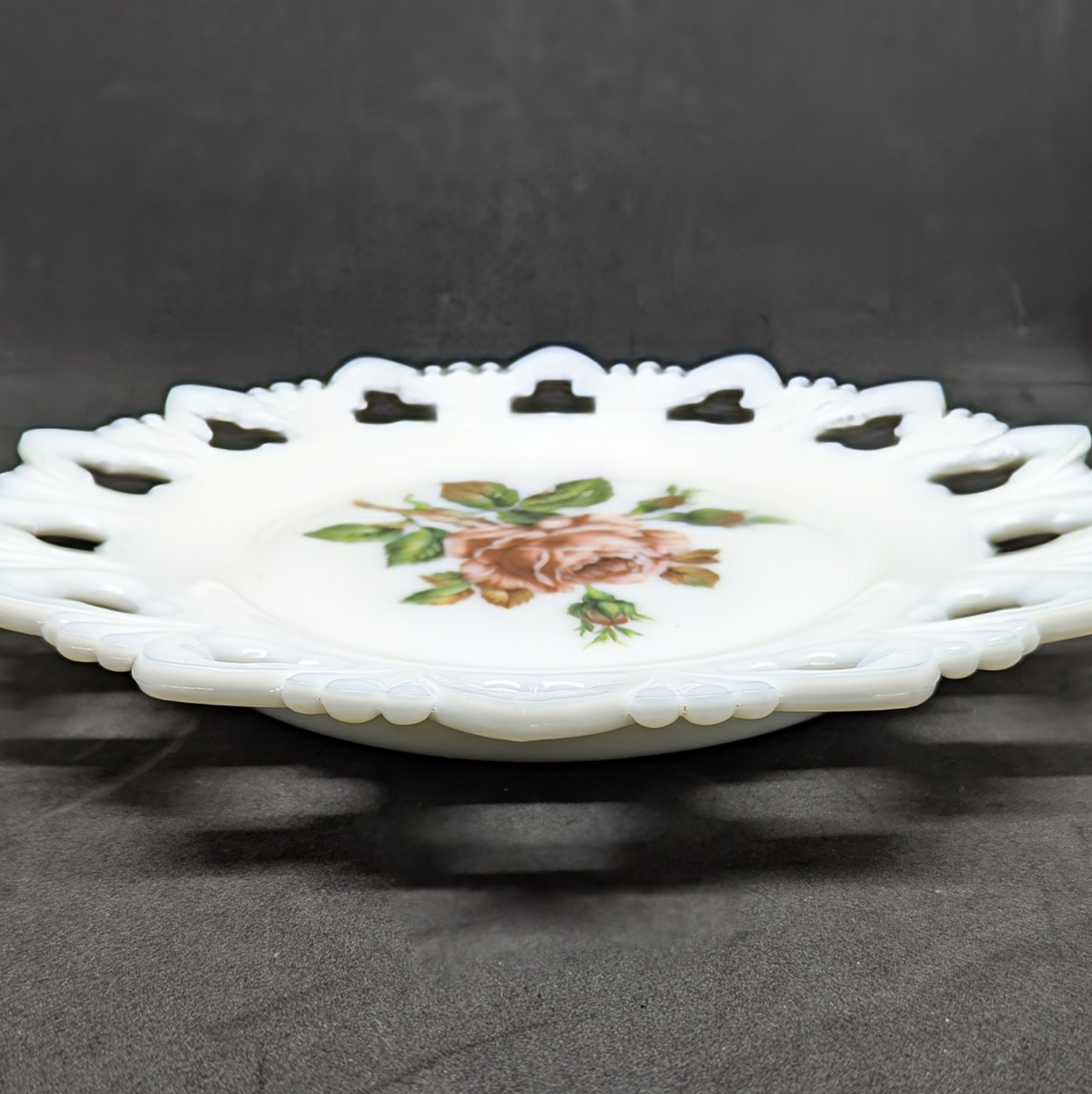 Vintage Laced Edge Milk Glass Plate Pierced Rose Flower Home Decor Dish Cottage