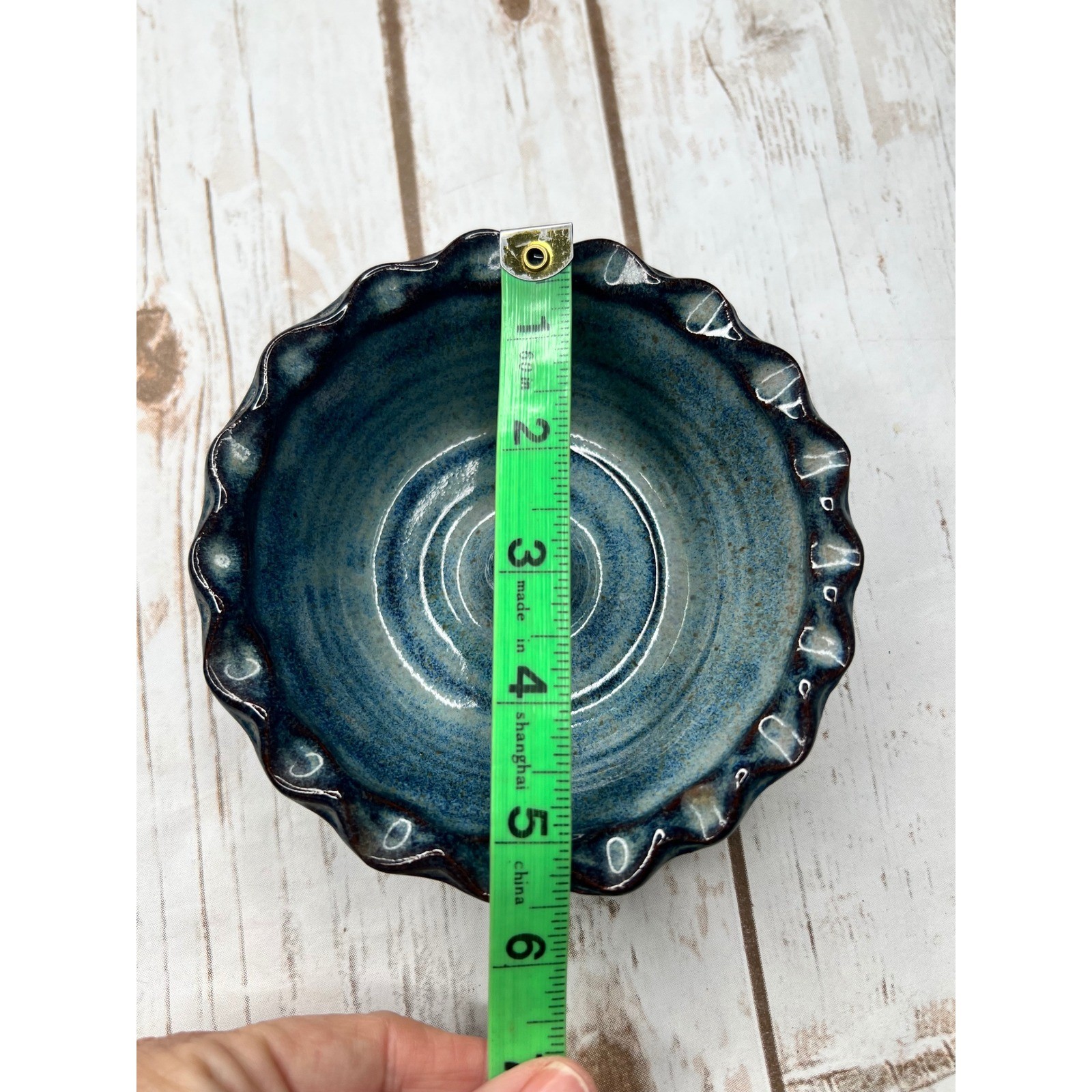 Handmade Clement Clayworks Studio Pottery Apple Baker Blue Scalloped 5in