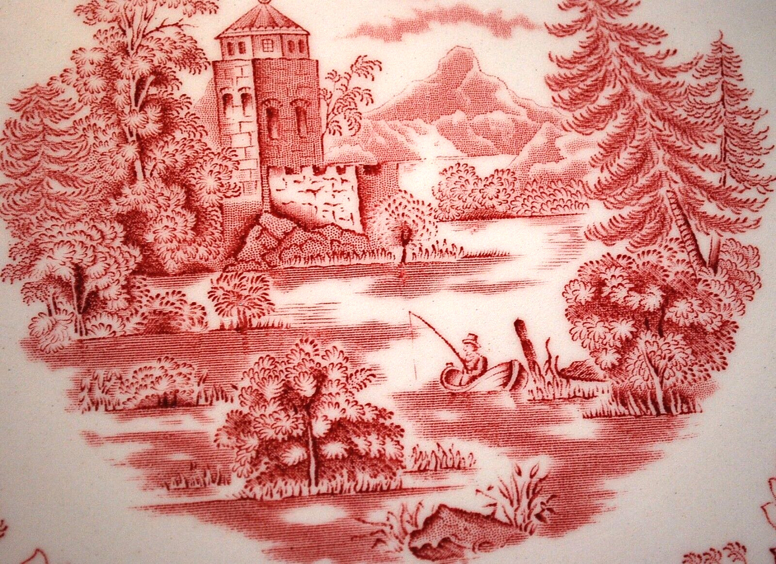 Vtg ‘LANDSCAPE RED’ 14″ Round Chop Plate Platter ARABIA FINLAND Transferware Exc