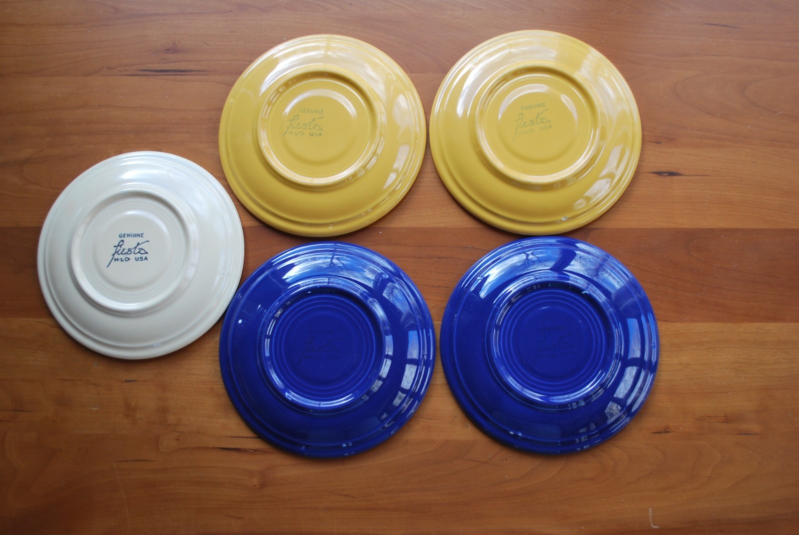 Vintage Fiesta Fiestaware 6-1/2″ Saucers, Set of 5, Blue, Yellow, Ivory