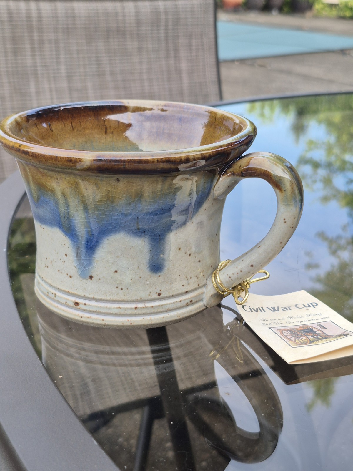 NICHOLS POTTERY Brown Tan Blue Stoneware Civil War Cup – North Carolina – W/ Tag