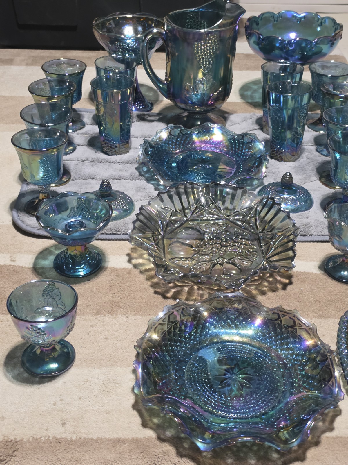 9 Pcs Indiana Carnival Glass Iridescent Blue 1 Pitcher,  & 8 Goblets