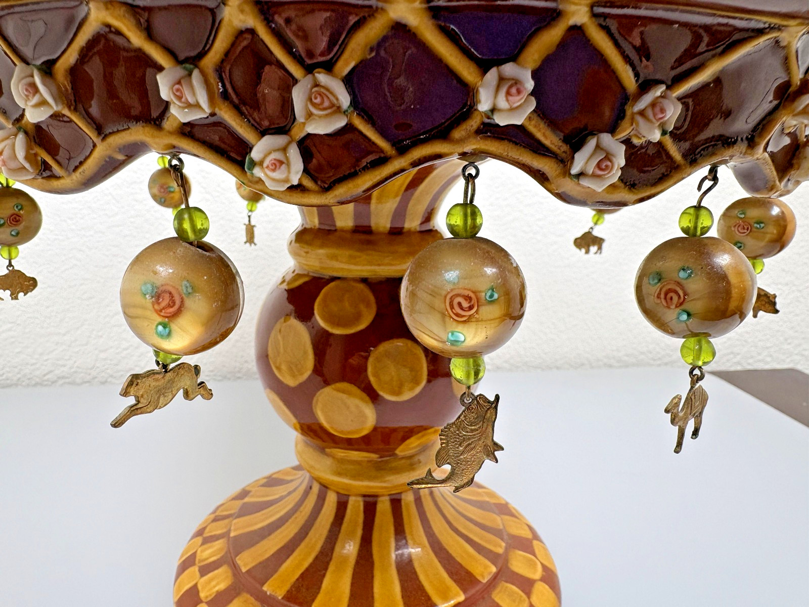 Mackenzie Childs Vintage Wittika Peanut Cake Stand Gold Animal Charms Roses