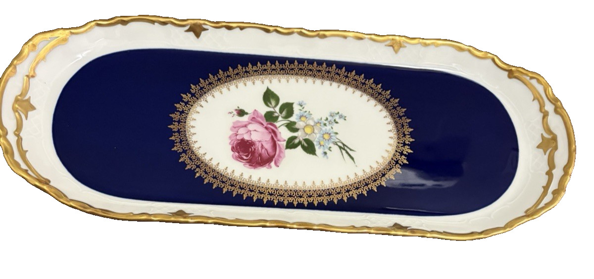 Reichenbach Echt Kobalt 16″ Cobalt Blue Floral Oval Serving Platter Gold Trim