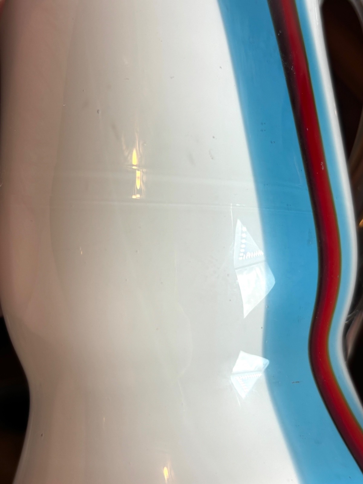 Gorgeous Handblown Art Glass Pitcher Carafe Vase in Fun Red White & Blue 8”