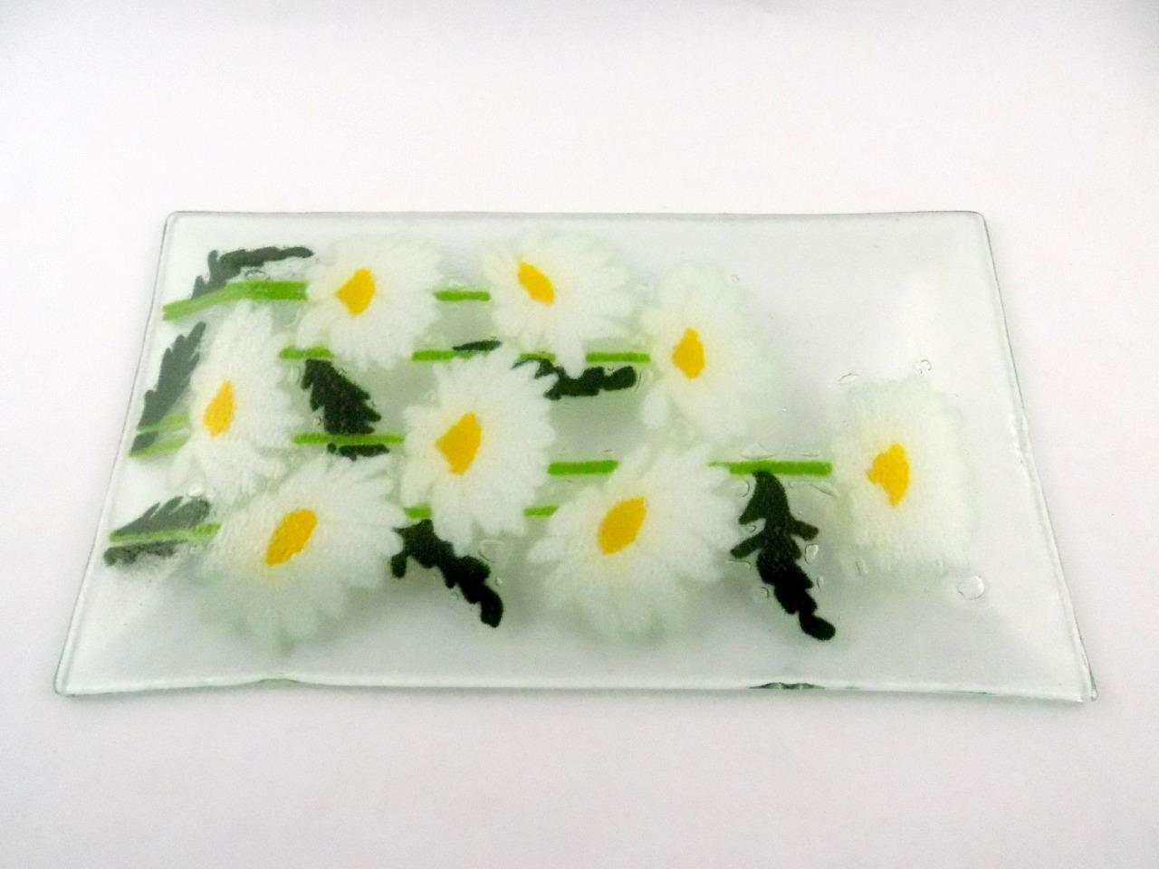 Peggy Karr Fused Art Glass Daisy Flower Rectangular Plate 13.75 Inch VERY GOOD
