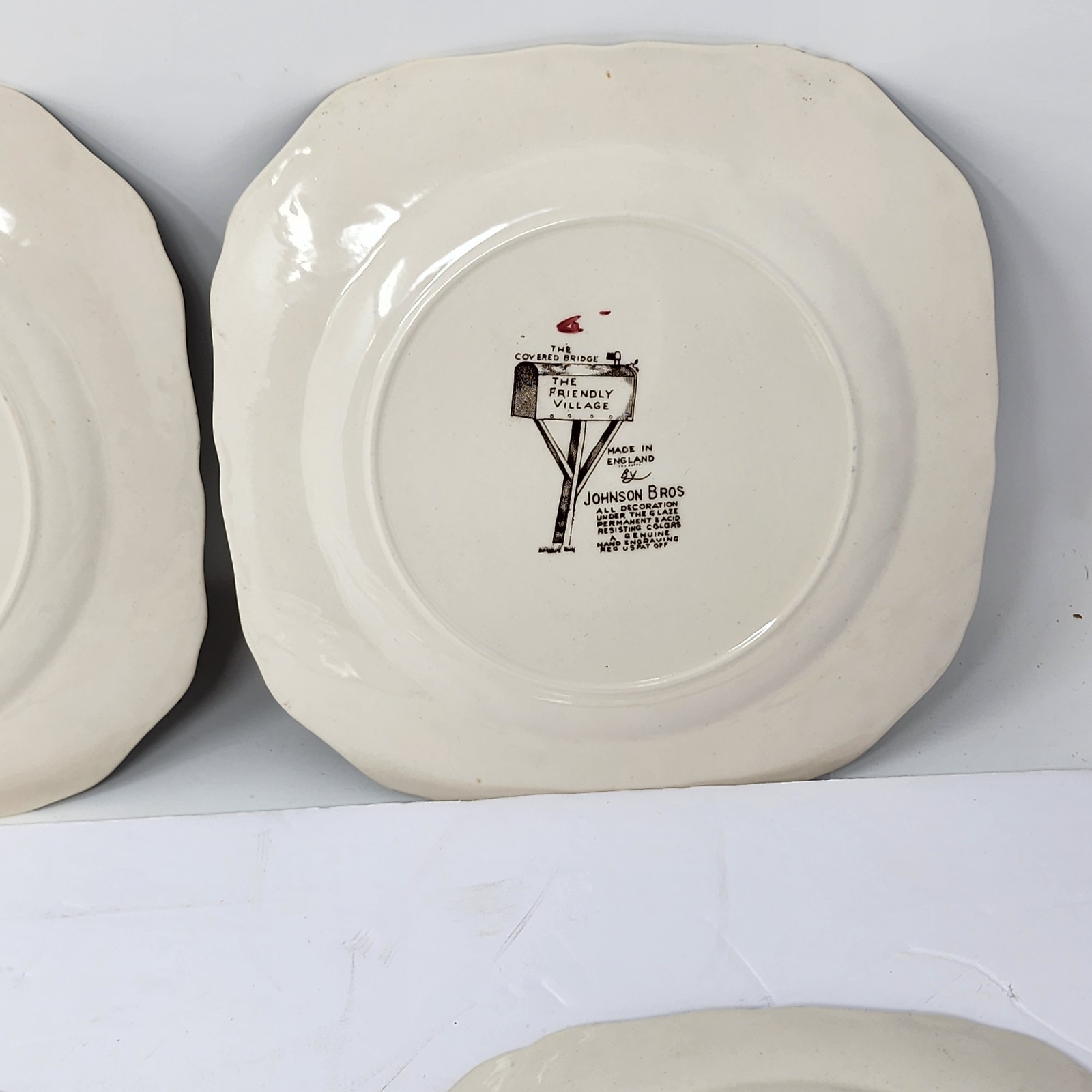 Friendly Village Johnson Brothers Covered Bridge Square Salad Dessert Plates Set