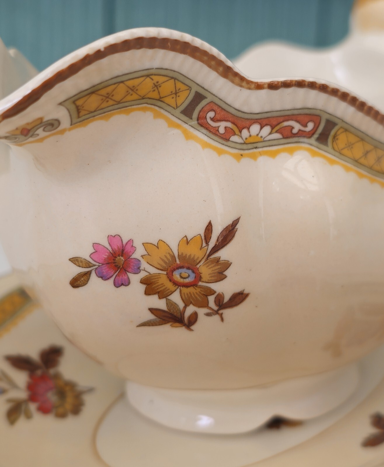 Gravy Boat & Plate Old Staffordshire Pareek Rouen By Johnson Bros 1920s Antique