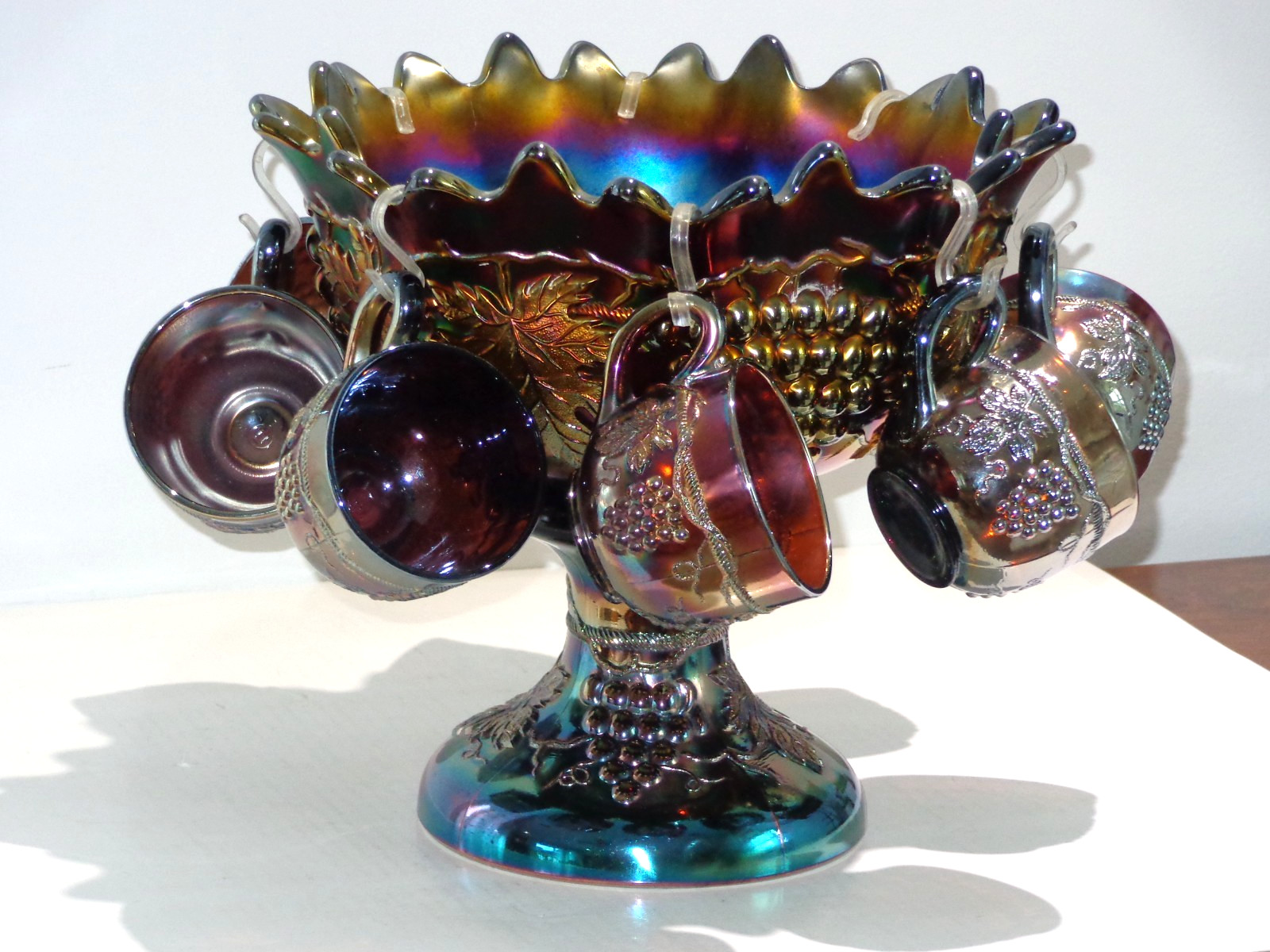 1910s Northwood Amethyst Carnival Glass Grape & Cable Table Size Punch Bowl Set