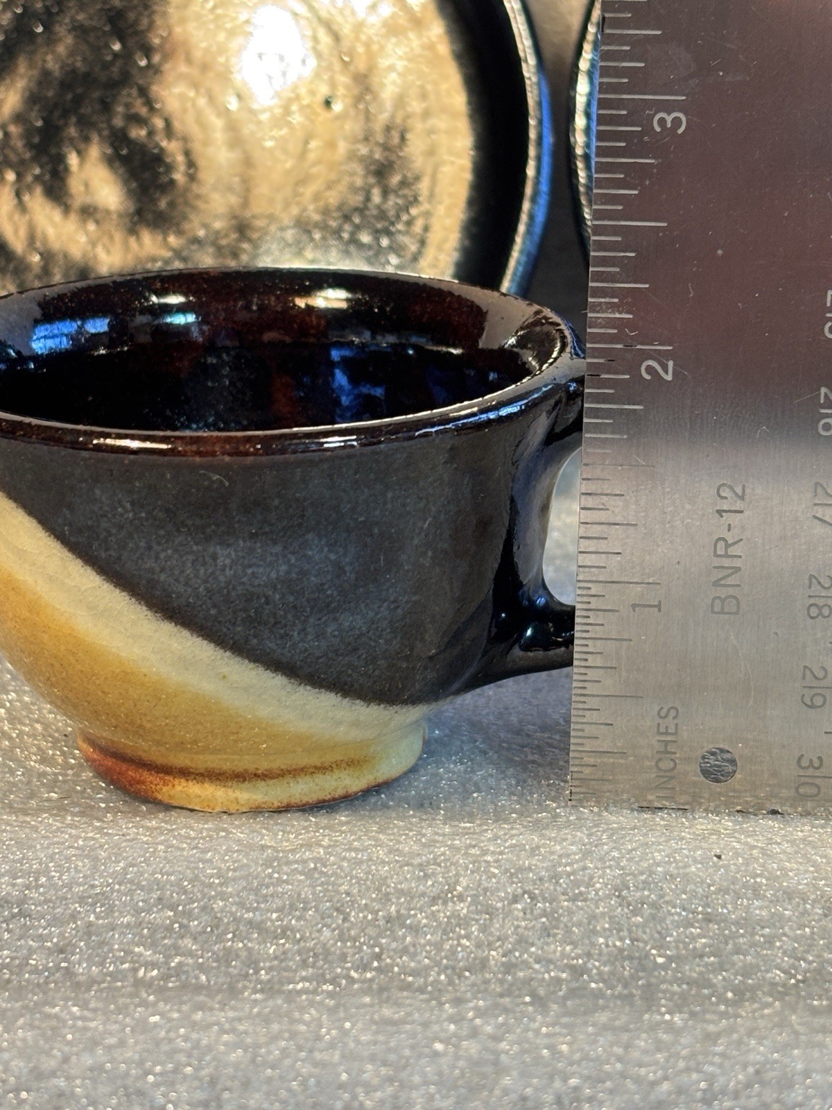 Studio Ceramic Pottery 2 cups & 2 Saucers Hand-Made Black Brown Yellow