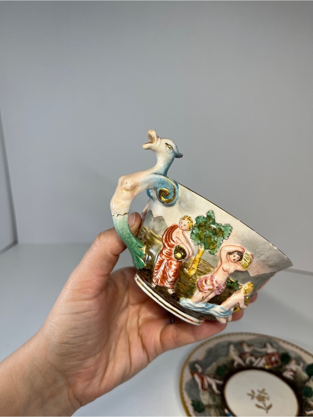 Vintage Capodimonte Italy Demitasse Teacup & Saucer MAS Cherub Dragon Handle MCM