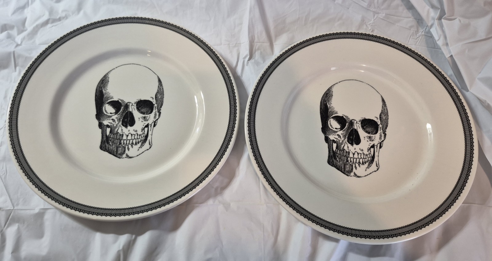 Set of 2 Royal Stafford England Skull Dinner Plates Gothic Halloween