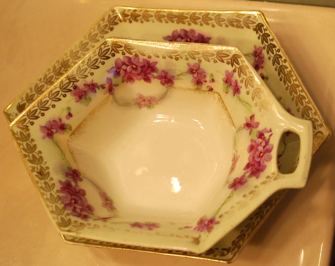 Set 2 HAND PAINTED VIOLETS Antique Prussia Hexagonal Porcelain CANDY Dishes