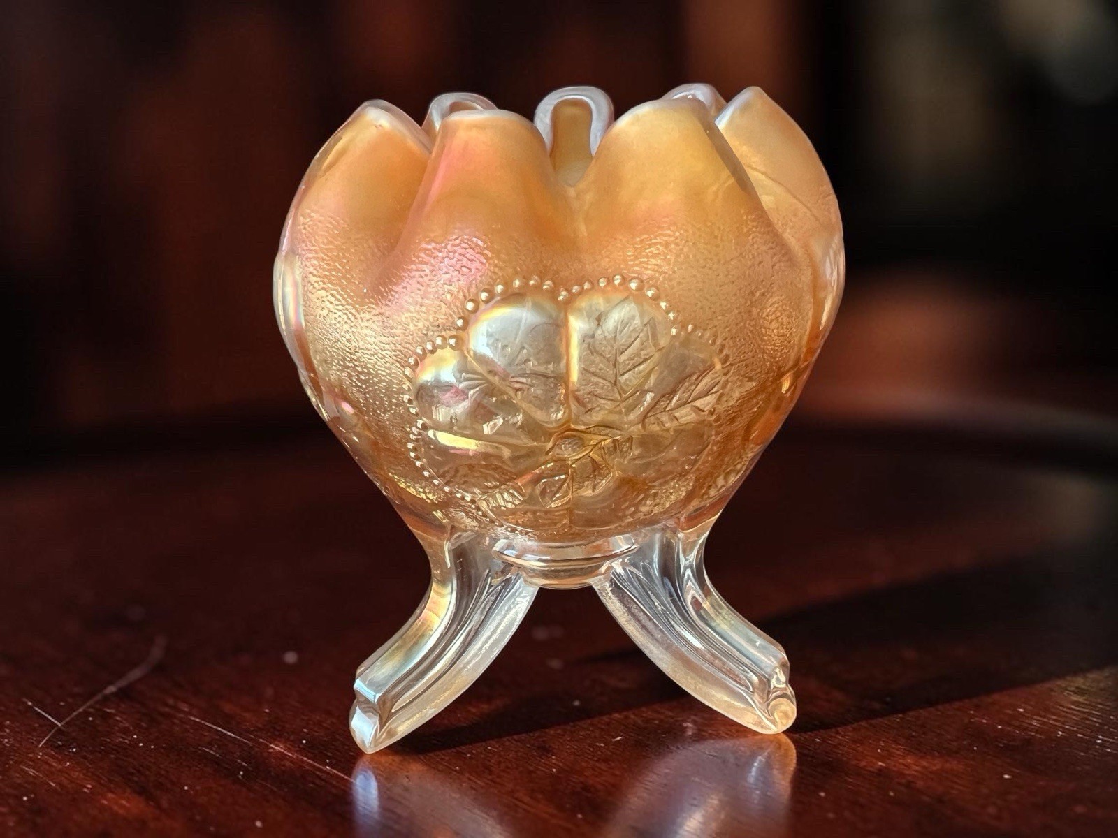 Vintage Northwood Daisy Plume Marigold Orange Carnival Glass Ruffled Rim Bowl