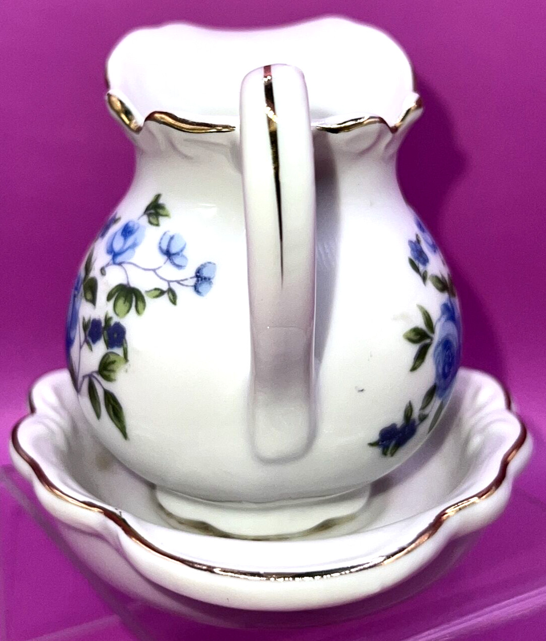 Vintage Rice Japan Ports Blue Rose Design Creamer with Drip Plate Kitchen Decor
