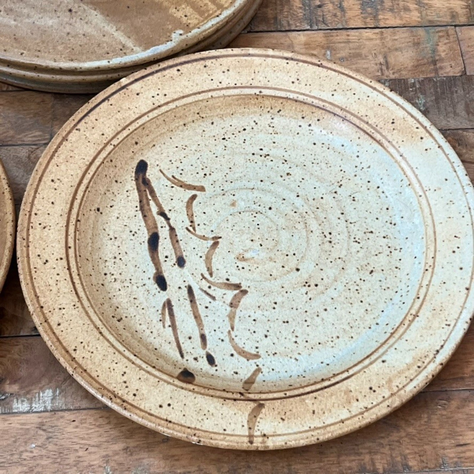 Handmade Studio Art Pottery Plate Set of 6 Hand-painted Abstract Designs