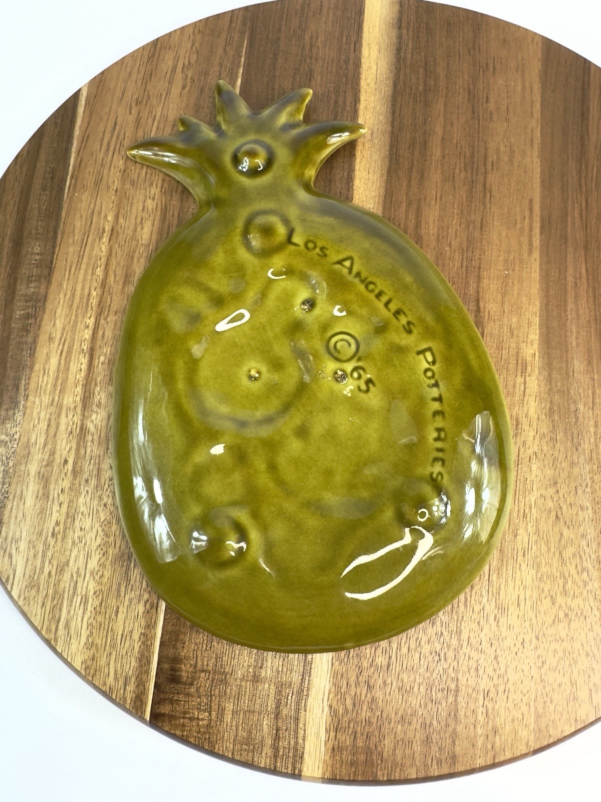 Vintage Los Angeles Potteries Pineapple Shaped Serving Dish 1965 Olive Green